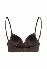 Soutien-gorge rembourré marron foncé avec bretelles fines réglables et fermeture dos à agrafes, présenté sur un fond blanc.