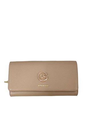 Portafoglio in pelle beige con logo Gattinoni Roma dorato e cerniera, forma rettangolare, design pulito, pattina chiusa davanti.