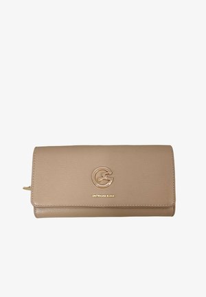 Portafoglio in pelle beige con logo Gattinoni Roma dorato e cerniera, forma rettangolare, design pulito, pattina chiusa davanti.