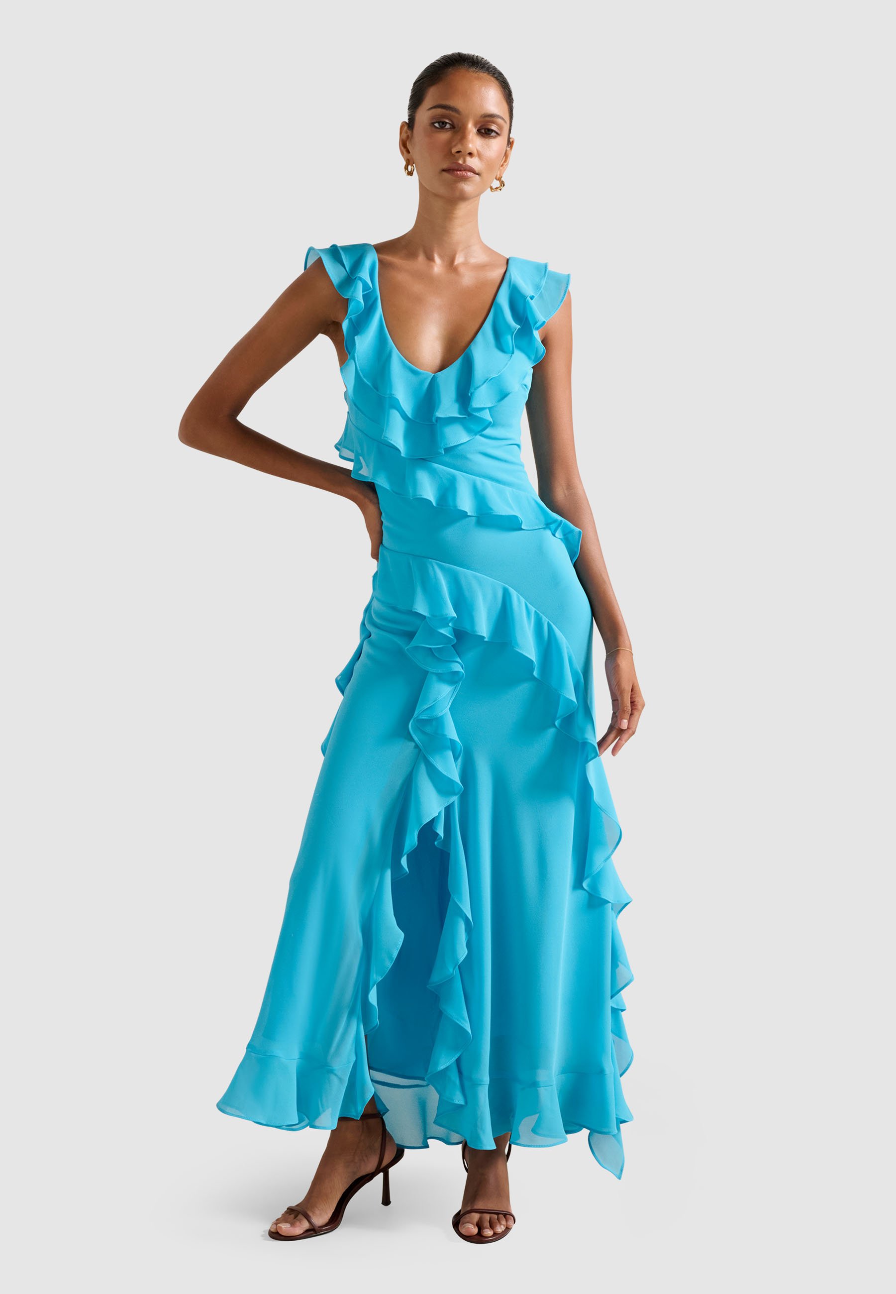 sachin and babi light blue dress Tie Neck Ruffle Cocktail – Aisize