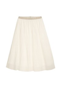 Faltender Midirock in hellem Creme, mit einem strukturierten Stoff, breitem elastischem Bund in metallischem Gold und einer fließenden Silhouette.