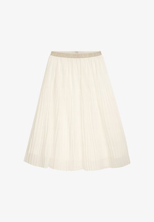 Faltender Midirock in hellem Creme, mit einem strukturierten Stoff, breitem elastischem Bund in metallischem Gold und einer fließenden Silhouette.