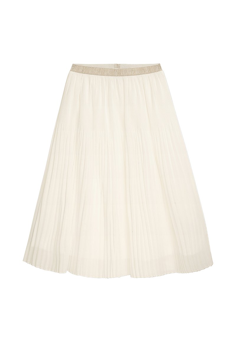 Faltender Midirock in hellem Creme, mit einem strukturierten Stoff, breitem elastischem Bund in metallischem Gold und einer fließenden Silhouette.