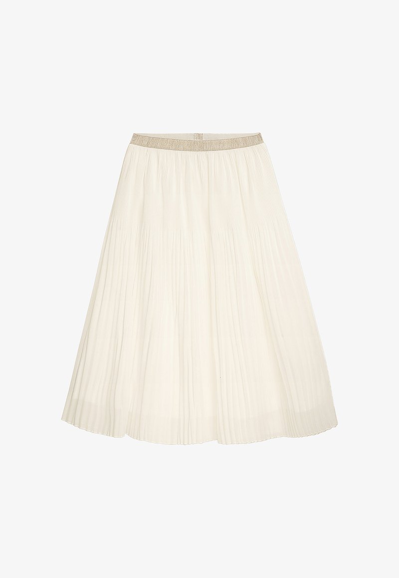 Faltender Midirock in hellem Creme, mit einem strukturierten Stoff, breitem elastischem Bund in metallischem Gold und einer fließenden Silhouette.