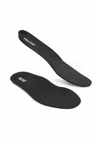 Black insoles made of soft fabric with a contoured shape, featuring a textured base and a cushioned area at the heel. Logo printed on top.