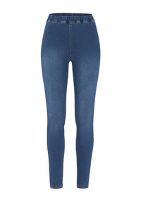 Jeansleggings i mörkblått med elastisk midja, som har en slim fit och minimala sömnadsdetaljer längs sidorna.