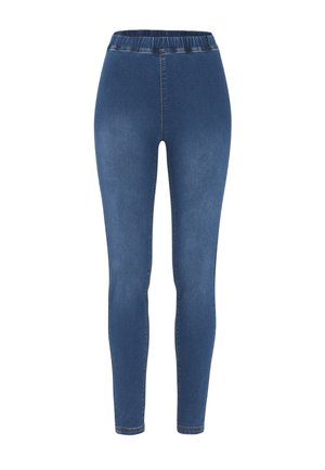 Denim leggings in donkerblauw met een elastische tailleband, met een slim fit en minimale stikseldetails langs de zijkanten.