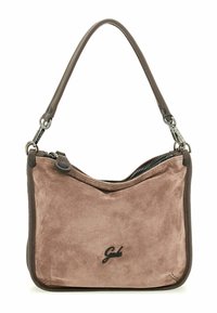 Borsa in suede marrone con chiusura a zip, parte superiore curva e una sottile tracolla. Presenta dettagli in marrone scuro e logo impresso.