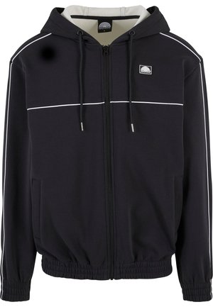 Black zip-up hoodie with white accent stripes, adjustable hood, front pockets, elastic waistband and cuffs, made of soft material.