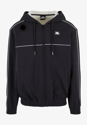Zwarte zip-up hoodie met witte accentstrepen, verstelbare capuchon, voorzakken, elastische tailleband en manchetten, gemaakt van zacht materiaal.