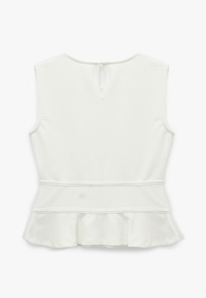 Weißes Peplum-Top aus weichem Stoff mit flachem Ausschnitt, Schlüsselrücken und dekorativen Nähten entlang der Taille und dem ausgestellten Saum.