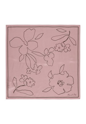 Tissu carré rose avec de simples dessins au trait noir de fleurs et de feuilles, bordé d'une fine ligne noire et signé dans le coin.