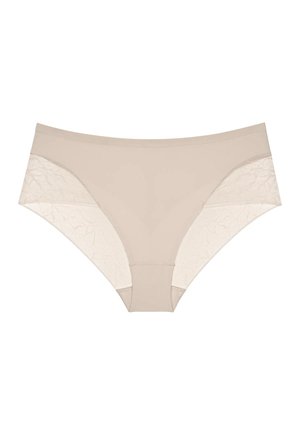 Μπεζ γυναικείο εσώρουχο τύπου hipster με δαντελένιες πλευρικές λεπτομέρειες, λείο ύφασμα μπροστά και ελαστική μέση.