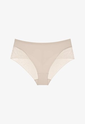 Beige women's hipster underwear with lace panels on the sides, smooth fabric front, and elastic waistband.