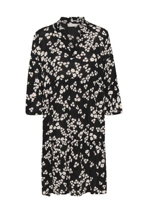 Zwarte jurk met een bloemenpatroon met witte en roze bloemen. Het heeft een kraaglijn en driekwart mouwen, met een vloeiende uitstraling.