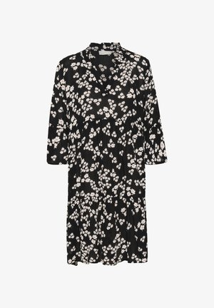 Schwarzes Kleid mit floralem Muster, das weiße und rosa Blumen zeigt. Es hat einen kragenförmigen Ausschnitt und halb lange Ärmel, mit einem fließenden Design.