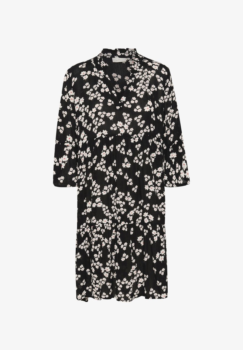 Schwarzes Kleid mit floralem Muster, das weiße und rosa Blumen zeigt. Es hat einen kragenförmigen Ausschnitt und halb lange Ärmel, mit einem fließenden Design.