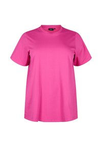 Rosa Kurzarm-T-Shirt aus weichem Material, mit klassischem Rundhalsausschnitt und lockerer Passform, ohne sichtbare Muster oder Akzente.