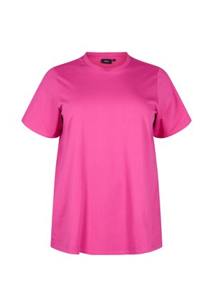 Ružová krátkopyjová tričko vyrobené z mäkkého materiálu, s klasickým okrúhlym výstrihom a voľným strihom, bez viditeľných vzorov alebo akcentov.