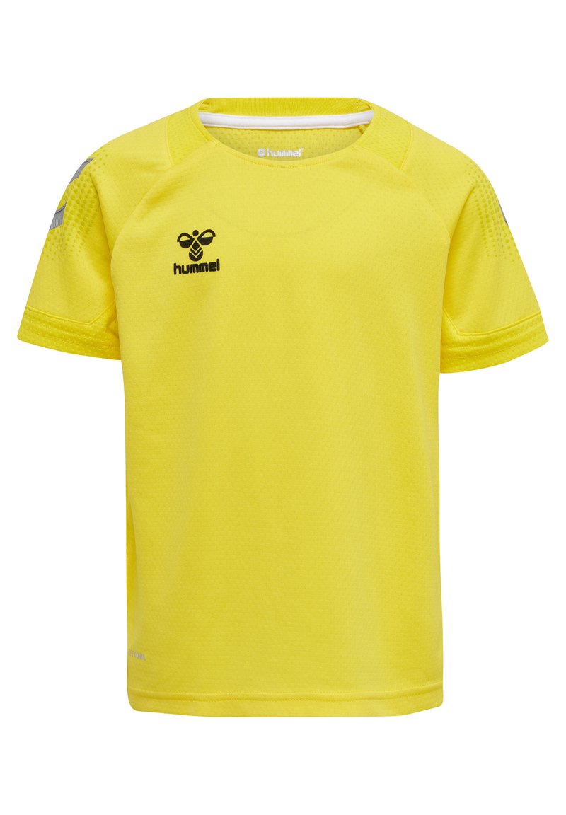 Gul idrottströja gjord av andningsbart tyg. Har rund halsringning, korta ärmar och ett subtilt strukturerat mönster. Hummel-logotyp på bröstet.