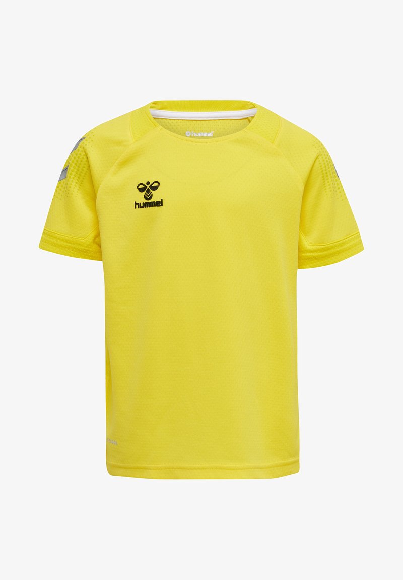 T-shirt de sport jaune en tissu respirant. Dotée d'un col rond, de manches courtes et d'un motif texturé subtil. Logo Hummel sur la poitrine.