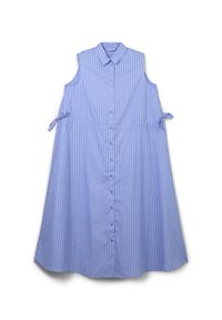 Abito senza maniche di colore azzurro chiaro con righe bianche verticali, colletto appuntito e lacci laterali. Chiusura frontale con bottoni dal colletto all'orlo.