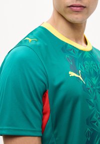 Κοντινό πλάνο ενός ατόμου που φοράει πράσινη αθλητική φανέλα με κίτρινα περιθώρια και λογότυπα Puma, με γεωμετρικό σχέδιο στο στήθος.