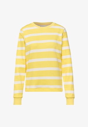 Sudadera de manga larga a rayas horizontales amarillas y blancas, con cuello redondo y puños y dobladillo acanalados.