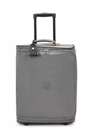 Gray wheeled suitcase with a textured finish, silver zipper, orange accents, and a black monkey-shaped luggage tag. Compact design and sturdy handle.
