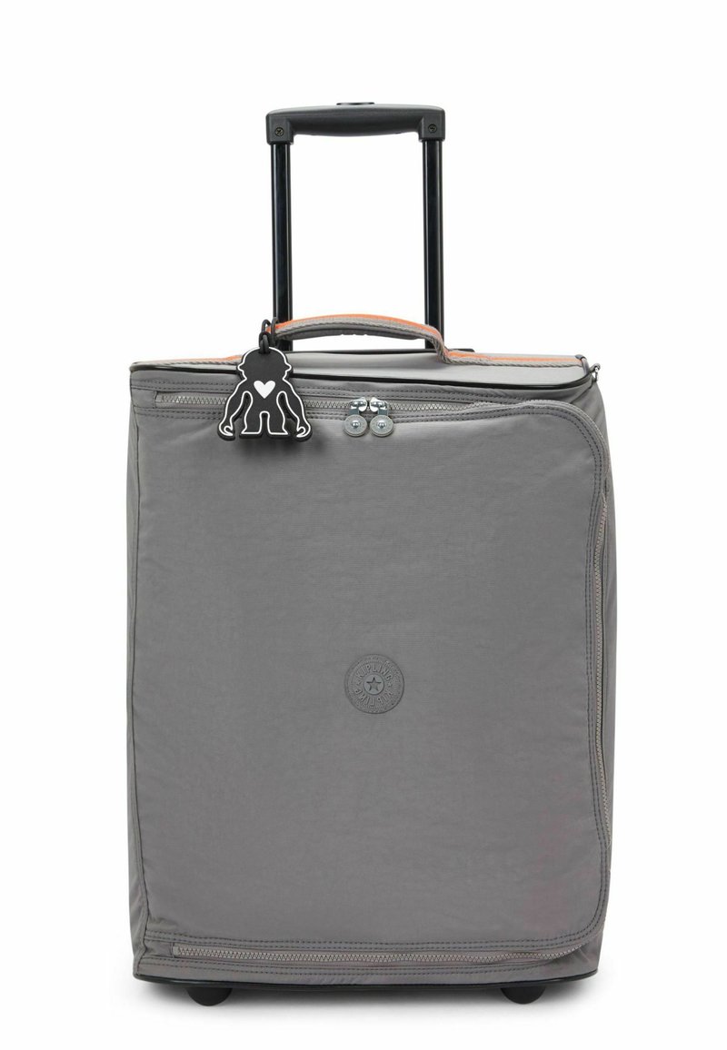 Gray wheeled suitcase with a textured finish, silver zipper, orange accents, and a black monkey-shaped luggage tag. Compact design and sturdy handle.