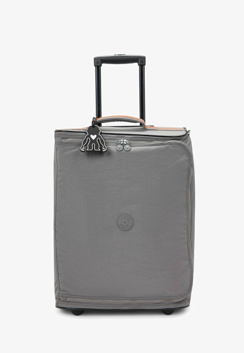 Gray wheeled suitcase with a textured finish, silver zipper, orange accents, and a black monkey-shaped luggage tag. Compact design and sturdy handle.
