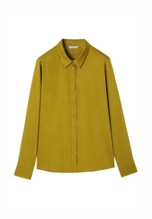 Long-sleeve shirt in olive green, featuring a button-down front, a classic collar, and smooth, lightweight fabric with a slightly glossy texture.