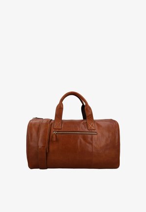 Brown leather duffel bag with dual handles, adjustable shoulder strap, and front zippered pocket on a white background.
