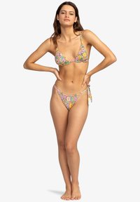 Colorful floral-print bikini with triangle top and adjustable ties. Material is smooth; features thin straps and side ties on the bottom.