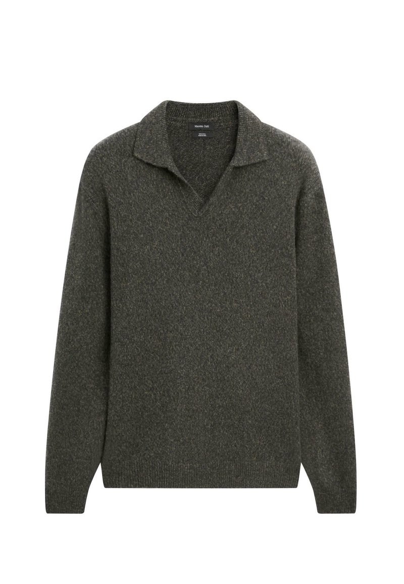 Dunkelgrauer langärmeliger Strickpullover mit Kragen und V-Ausschnitt, aus weichem, strukturiertem Stoff.
