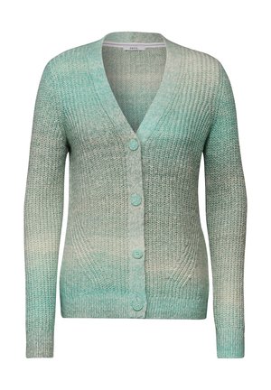 Cardigan tricoté turquoise clair avec un profond décolleté en V, fermeture à cinq boutons, poignets côtelés et une transition de couleur graduelle du foncé au clair.