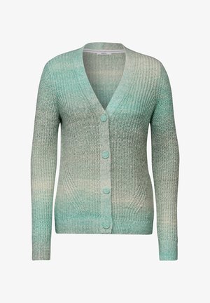 Helles teal gestricktes Cardigan mit tiefem V-Ausschnitt, fünf Knöpfen, gerippten Bündchen und einem allmählichen Farbverlauf von dunkel nach hell.