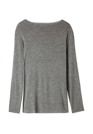 Gray long-sleeve shirt with a wide neckline, made from soft fabric. Features a simple, straight cut with no additional embellishments.