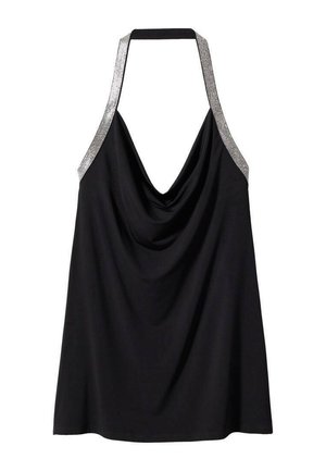 Czarna mini sukienka z wiązanym za szyją dekoltem, marszczonym przodem i srebrnymi kryształkami przy dekolcie oraz ramiączkach.