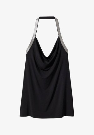 Czarna mini sukienka z wiązanym za szyją dekoltem, marszczonym przodem i srebrnymi kryształkami przy dekolcie oraz ramiączkach.