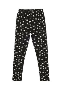 Leggings negros con caras de gatos blancos, corazones y las palabras "miau" y "lindo" impresas por toda la tela, con una cinturilla elástica.