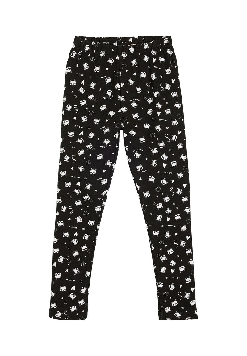 Leggings negros con caras de gatos blancos, corazones y las palabras "miau" y "lindo" impresas por toda la tela, con una cinturilla elástica.