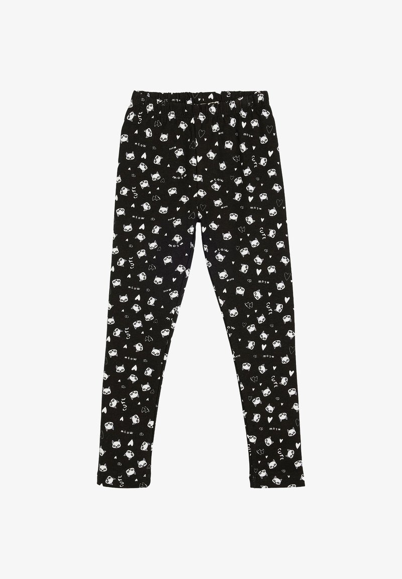 Leggings noirs avec des visages de chats blancs, des cœurs et les mots "meow" et "cute" imprimés partout, dotés d'une taille élastique.