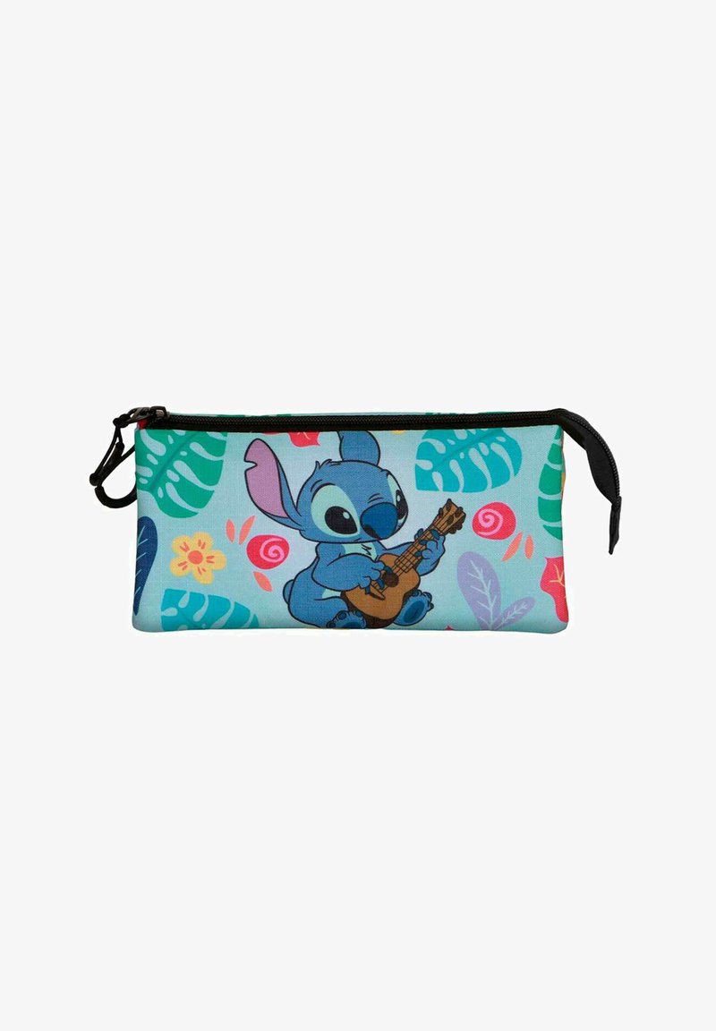 Estuche de lápices con un personaje de dibujos animados azul tocando la guitarra sobre un fondo azul claro con hojas y flores tropicales en colores vibrantes.