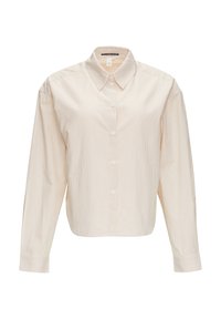 Camisa beige de botones con cuello, mangas largas y rayas verticales en marrón claro. Fabricada con tela suave y de ajuste relajado.