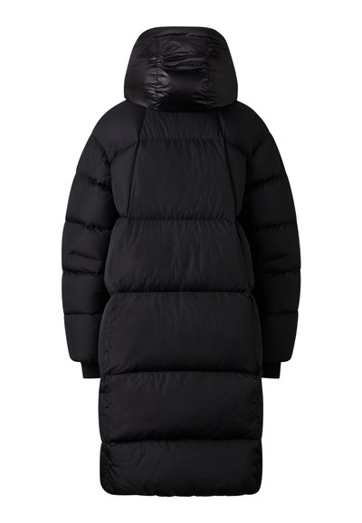 Black puffer coat with a hood, made from quilted material. Features a long silhouette, thick insulation, and smooth texture.