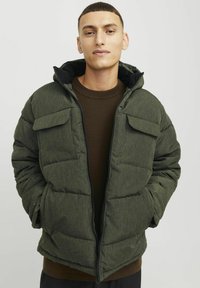 Olivgrüne Daunenjacke mit Kapuze. Mit Reißverschluss, zwei Fronttaschen und strukturierter Oberfläche. Getragen über einem braunen Pullover.