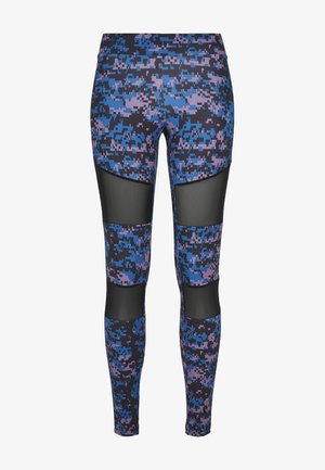 Legingi ar digitālu kamuflāžas rakstu zilos un purpursarkanos toņos, ar melnām sieta paneļiem apakšējās kājās, lai pievienotu papildus detaļas.