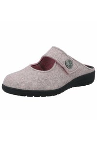 Pink felt slip-on shoe with a black rubber sole, featuring a wide strap across the instep and a decorative metallic button accent.