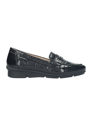 Mocassin en cuir verni noir avec finition texturée, semelle plate noire, et design sans lacets adapté pour un port confortable au quotidien.